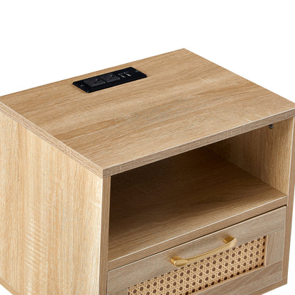 Rattan End Table with USB Ports and Drawer