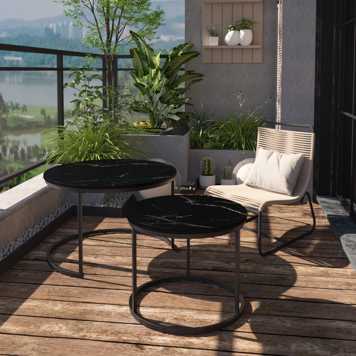 Nesting Coffee Tables Set of 2 Black Marble Top