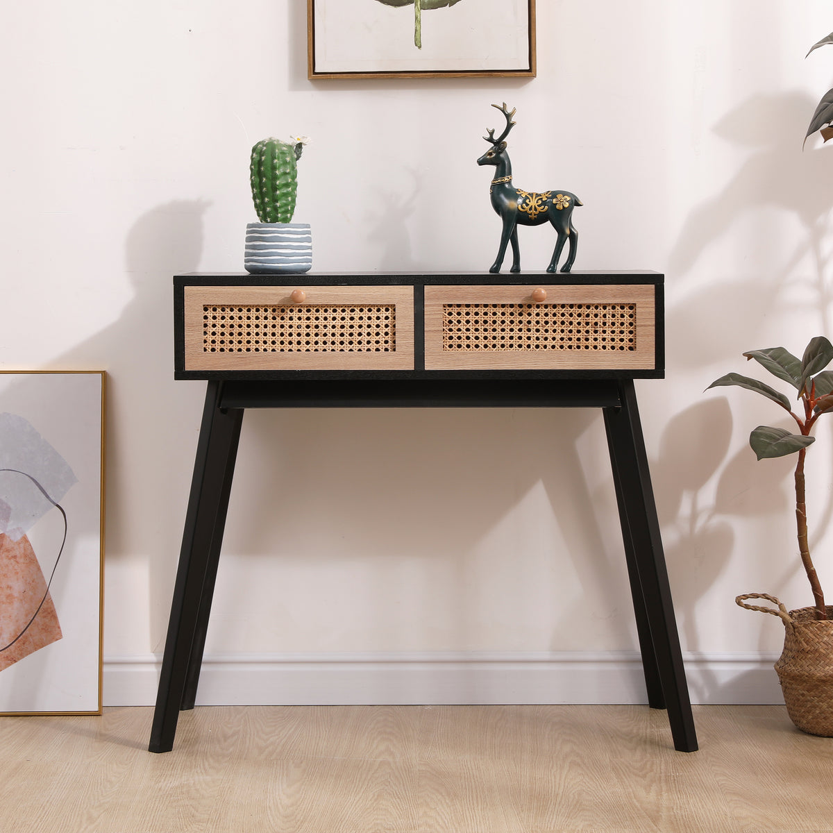 Rattan Side Table with Solid Wood Legs