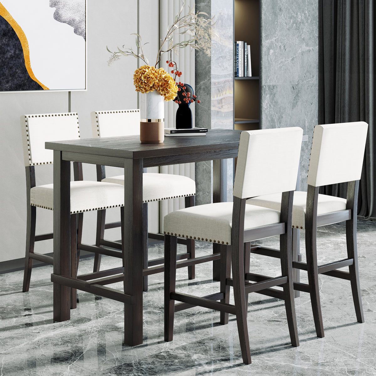 Espresso 5-Piece Counter Height Dining Set – Solid Wood Table with Upholstered Chairs