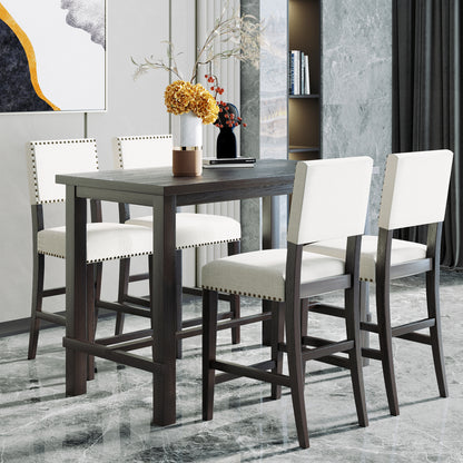 Espresso 5-Piece Counter Height Dining Set – Solid Wood Table with Upholstered Chairs