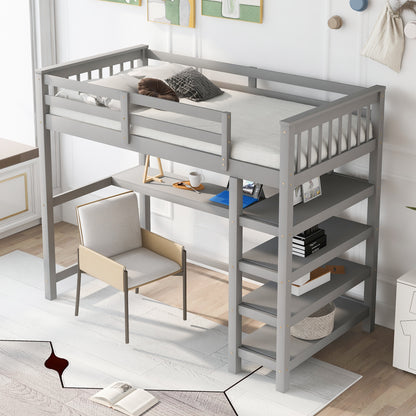 Twin Loft Bed with Storage Gray