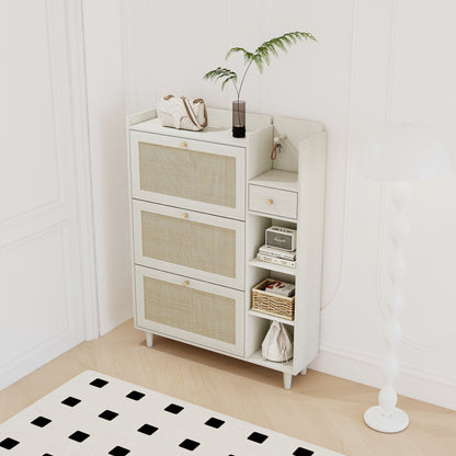 Bohemian Shoe Cabinet with Rattan Shelves White