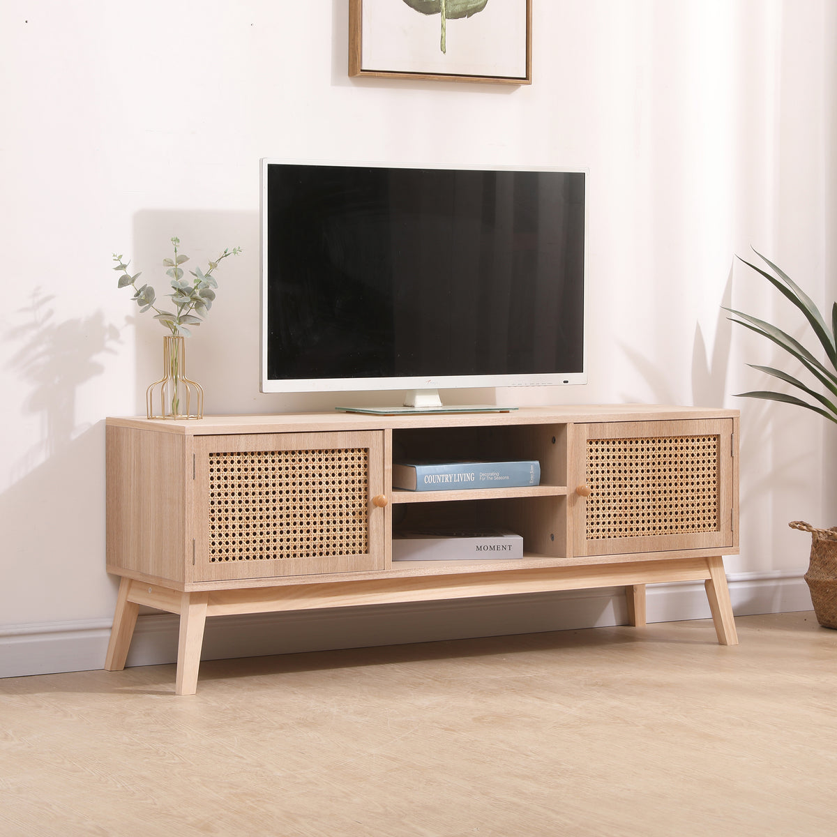 Boho Rattan TV Console – Natural Oak