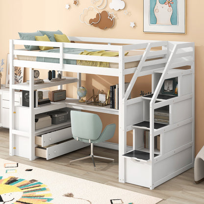 Twin Loft Bed with Storage Staircase White