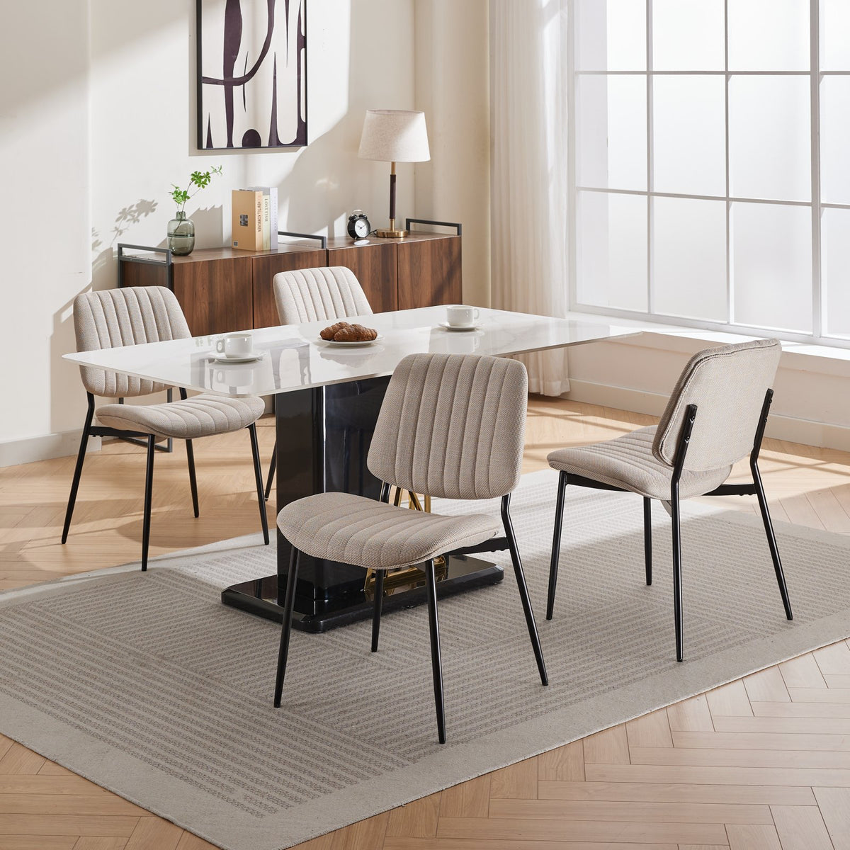 Beige 2-Piece Linen Dining Chair Set – Modern Retro Bentwood Back with Metal Legs