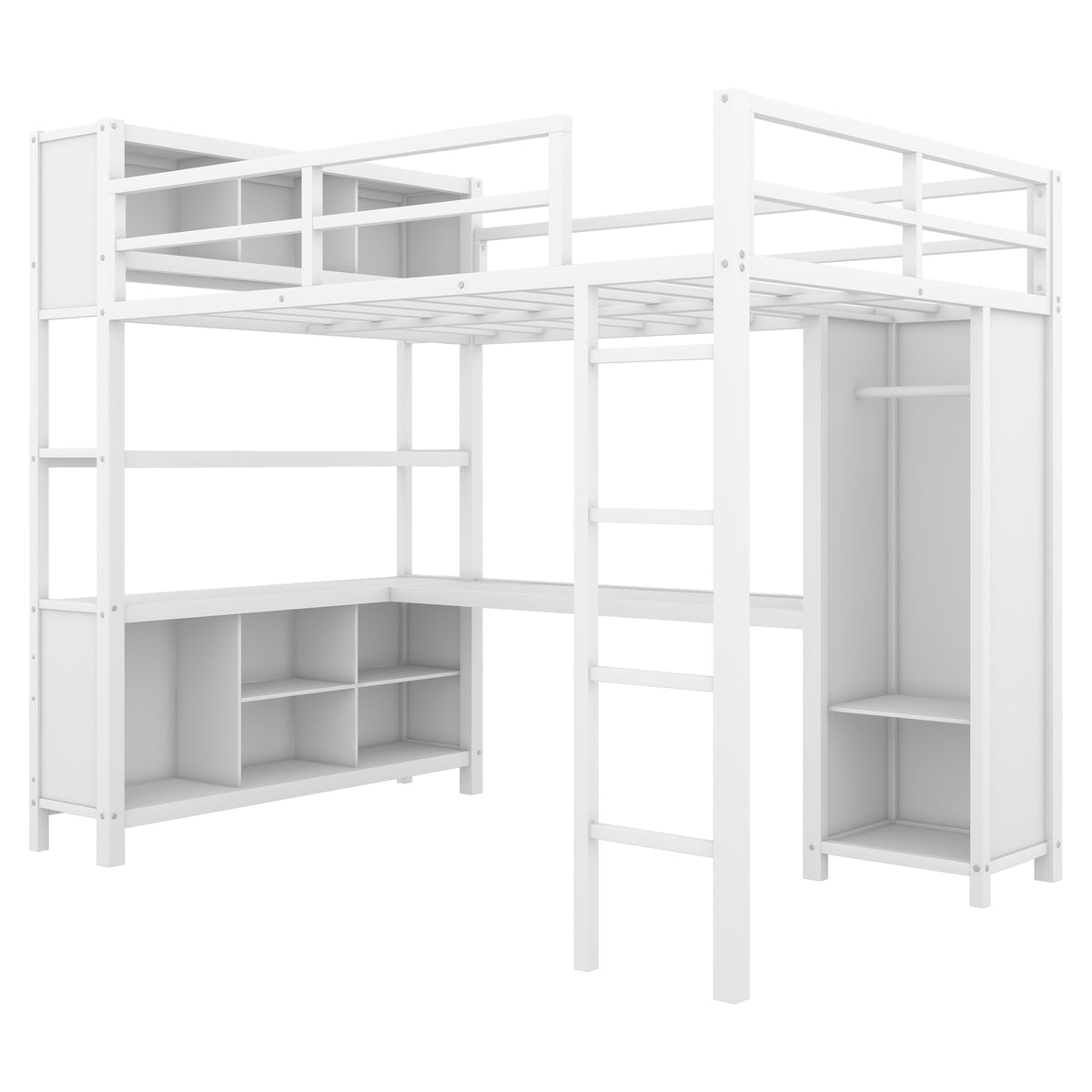 Full Loft Bed with Wardrobe and Shelf White
