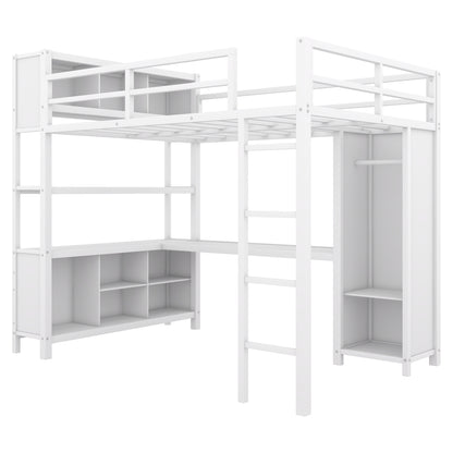 Full Loft Bed with Wardrobe and Shelf White