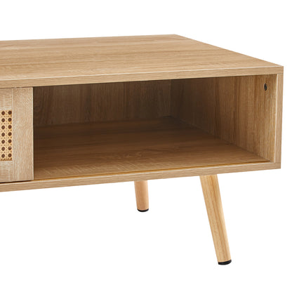 Rattan Coffee Table with Sliding Door Storage