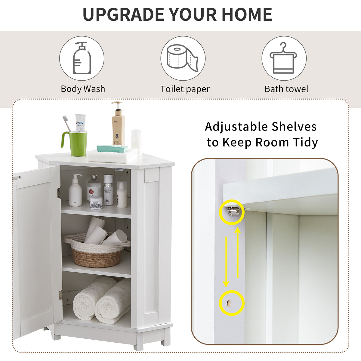 White Corner Bathroom Storage Cabinet Adjustable Shelves