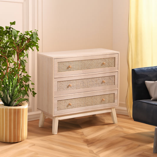 Rattan 3-Drawer Storage Cabinet Natural