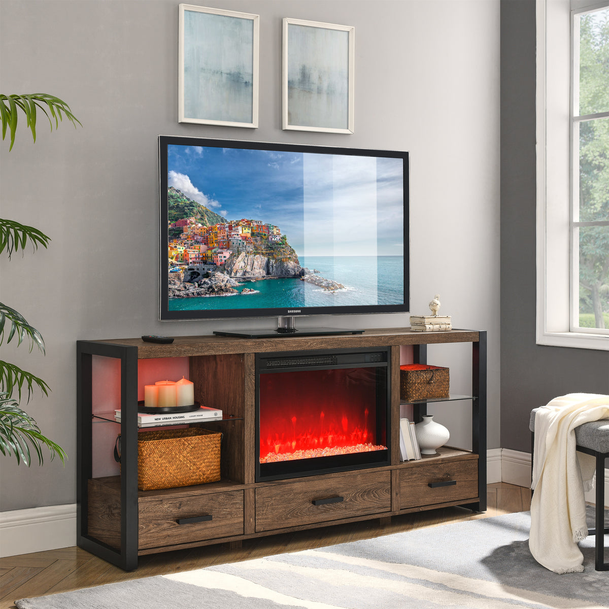 60-Inch Electric Fireplace Media Console Barnwood Finish