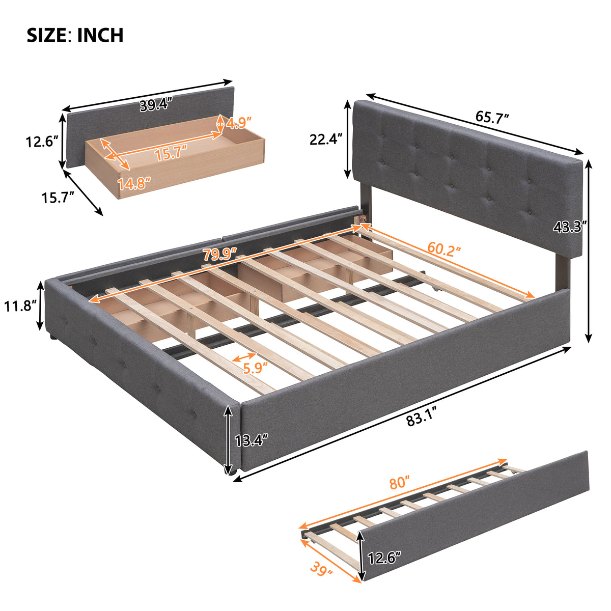 Upholstered Platform Bed Queen Dark Gray