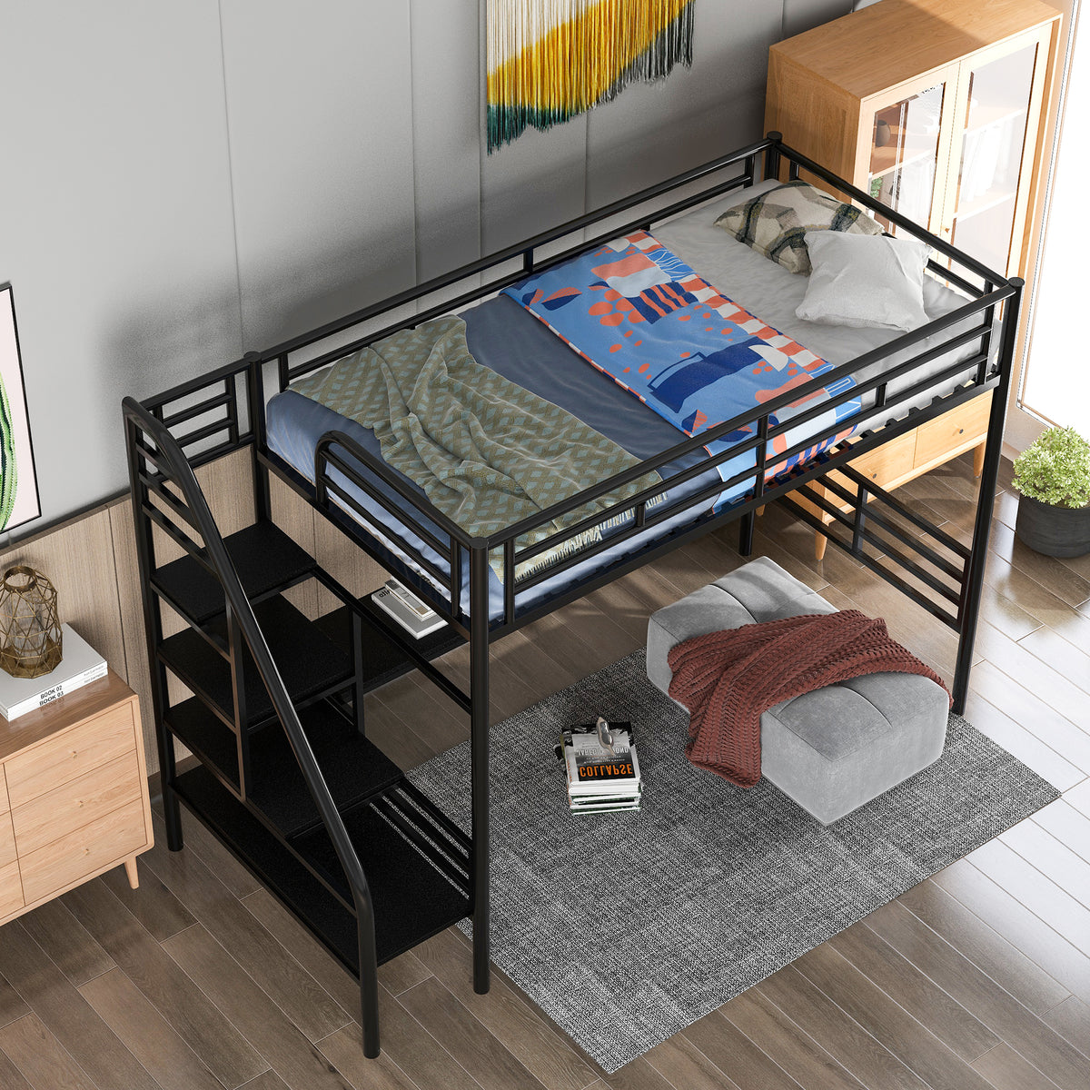 Metal Loft Bed with Desk Gray