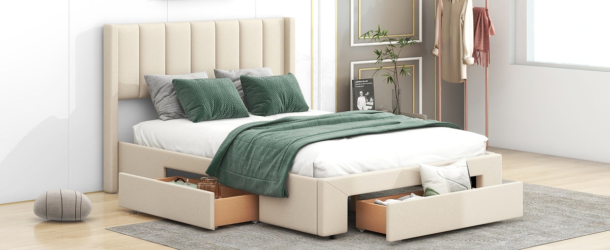 Upholstered Platform Bed with Drawers Beige