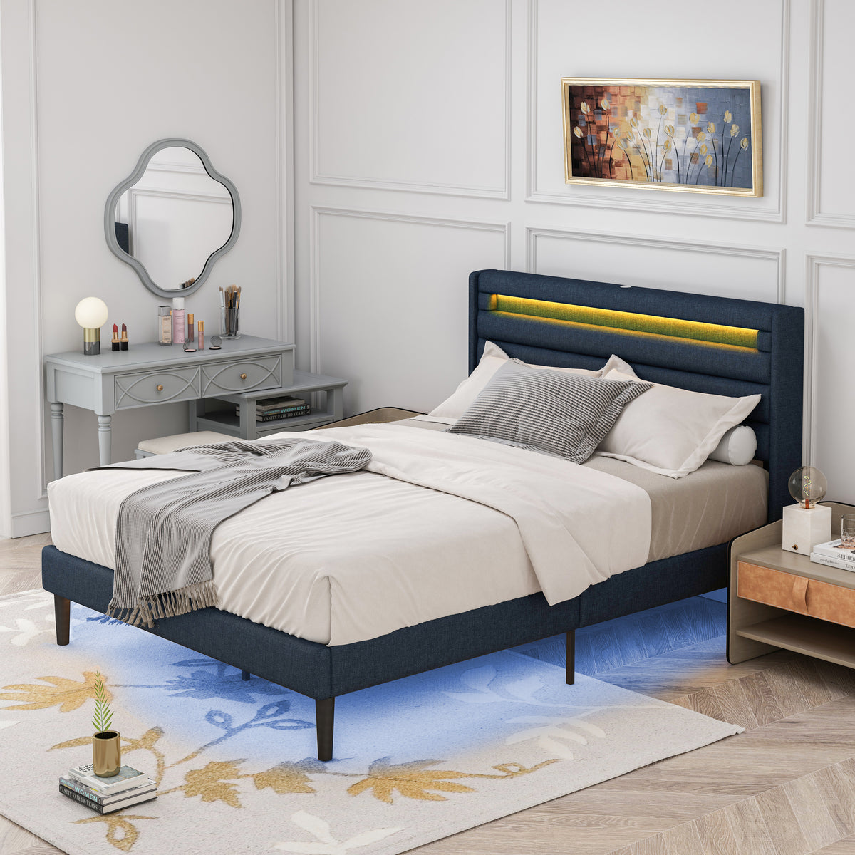 Queen Bedframe with Linen Wrapped LED Headboard Blue