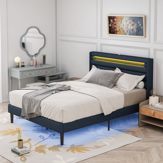 Queen Bedframe with Linen Wrapped LED Headboard Blue