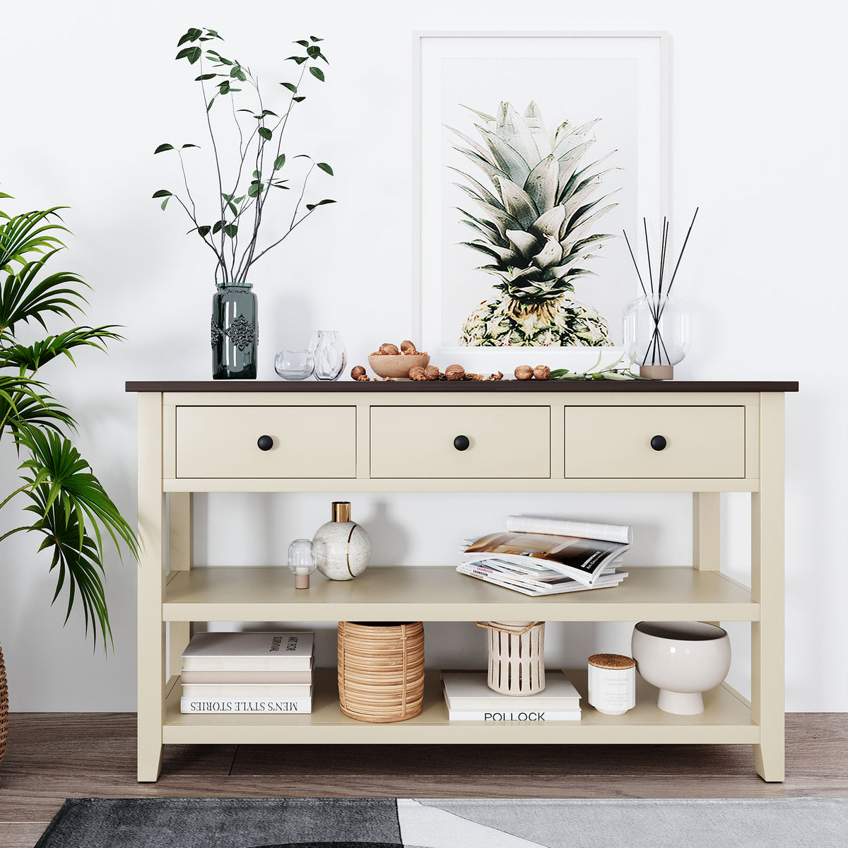Beige Wood Console Table – Espresso Accents