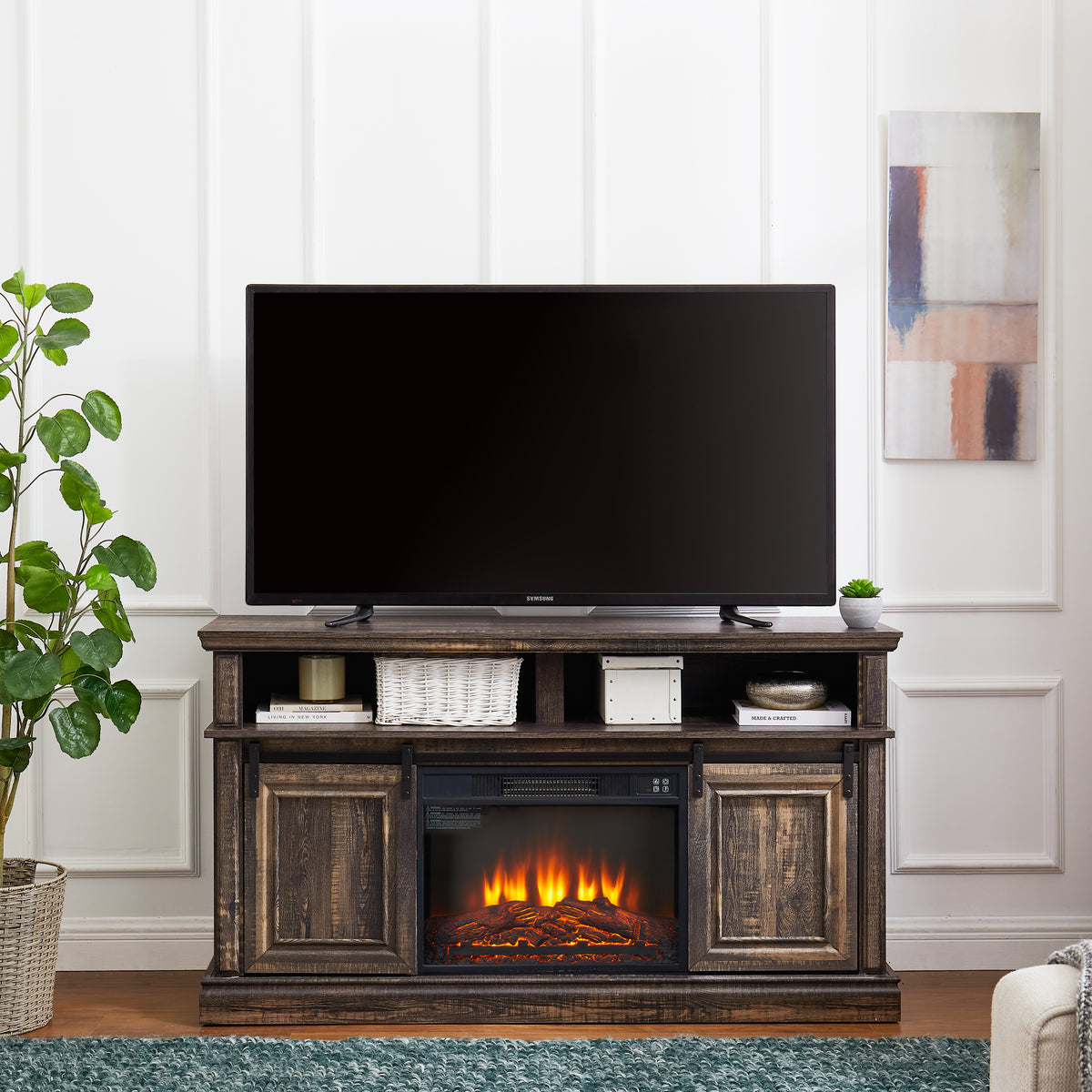 Antique Brown Entertainment Console with Fireplace
