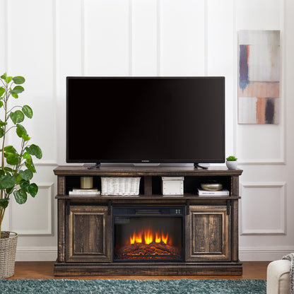 Antique Brown Entertainment Console with Fireplace