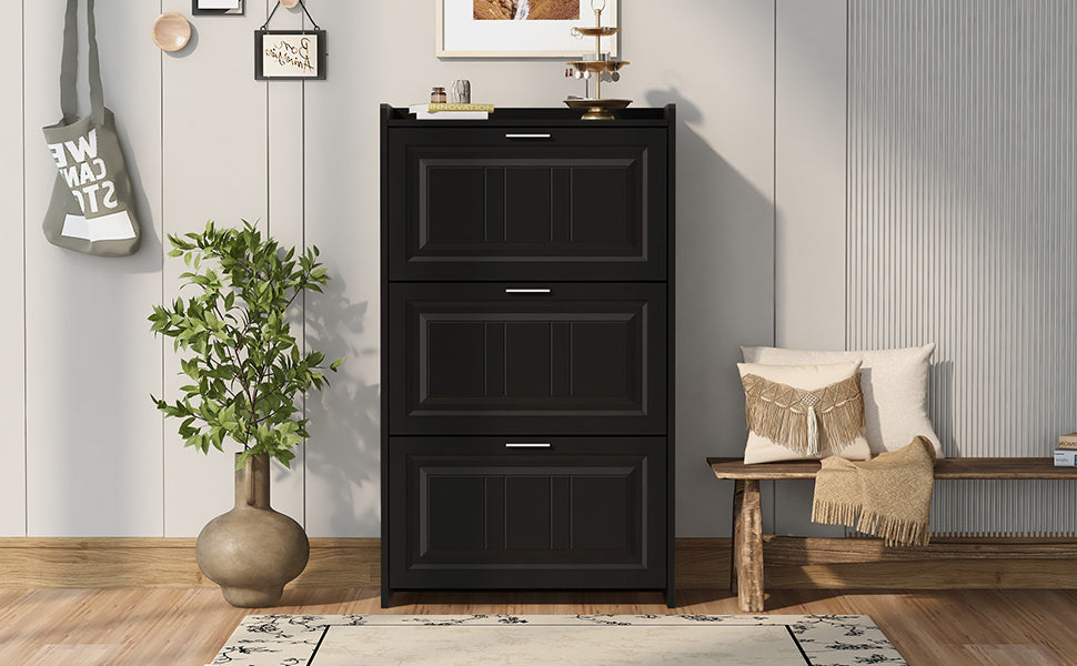 U-Can Black Shoe Storage Cabinet with 3 Flip Drawers