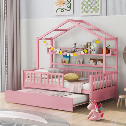 Twin House Bed with Trundle Pink