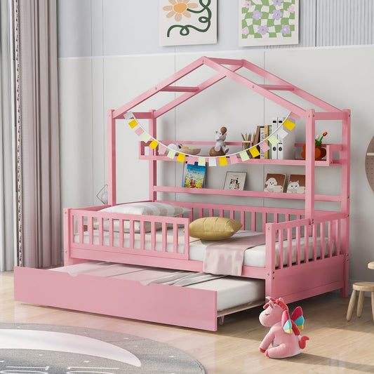 Twin House Bed with Trundle Pink