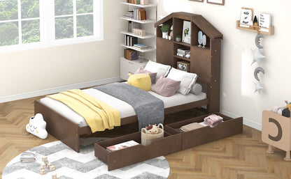 Twin Platform Bed with Storage Drawers Walnut