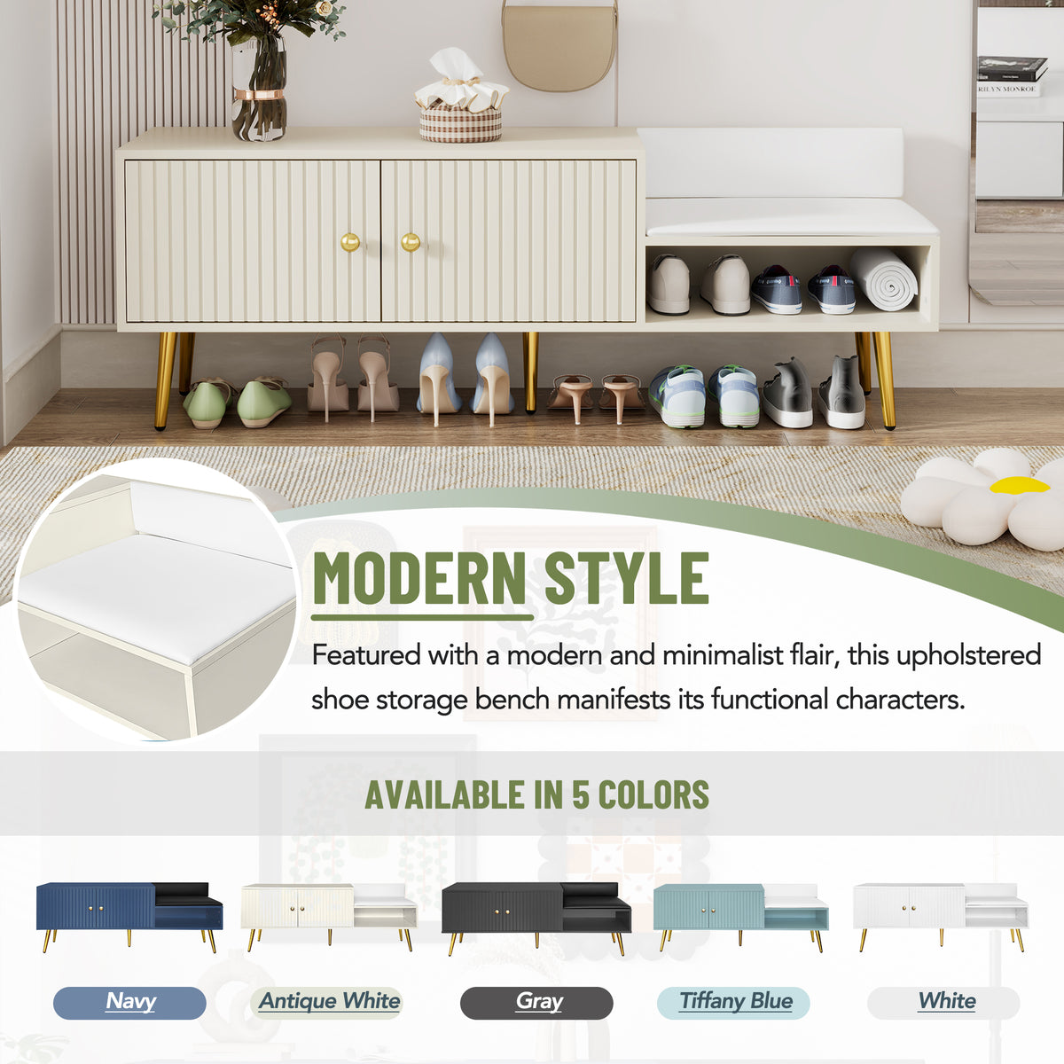 Modern Hidden Storage Bench White Upholstered Seat