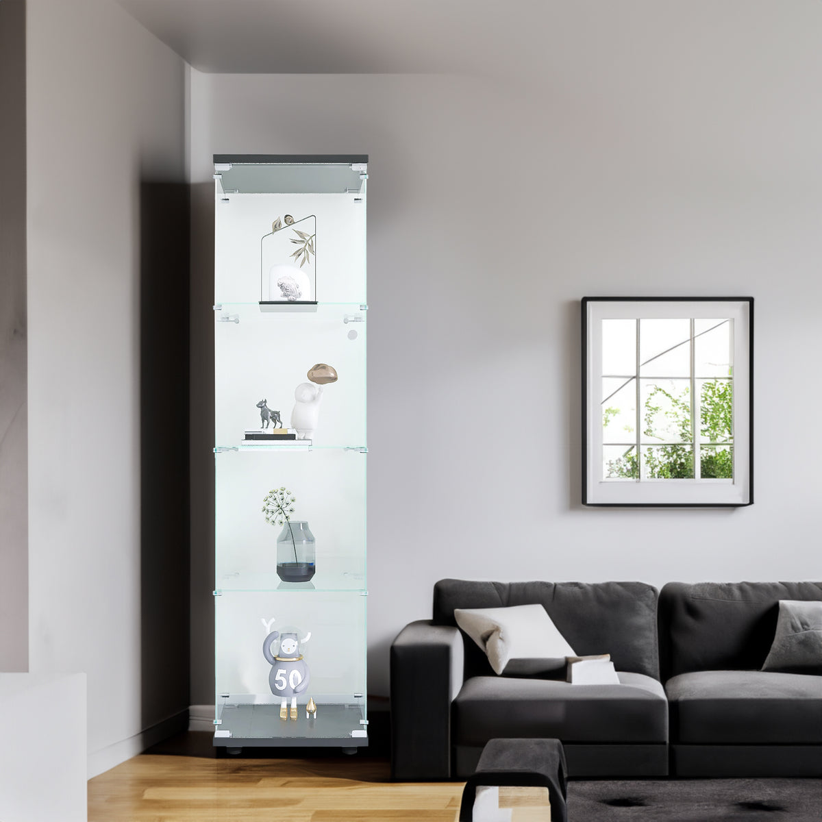 4-Layer Black Glass Display Cabinet with Doors