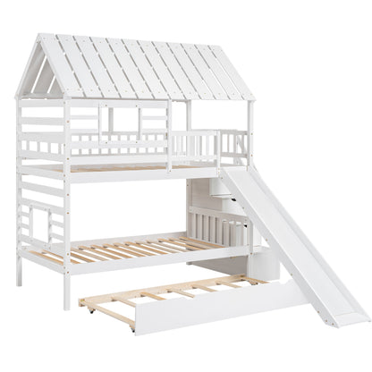 Twin Over Twin Bunk Bed with Roof Staircase White