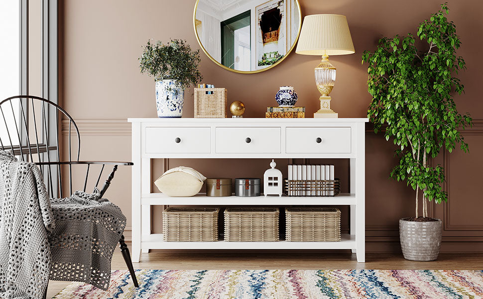 Antique White Console Table – Dual Shelves
