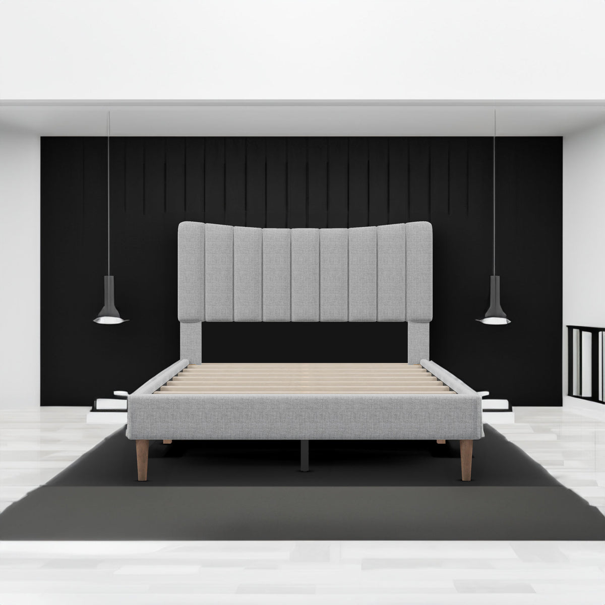 Upholstered Platform Bed with Vertical Channel Headboard Gray