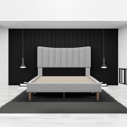 Upholstered Platform Bed with Vertical Channel Headboard Gray