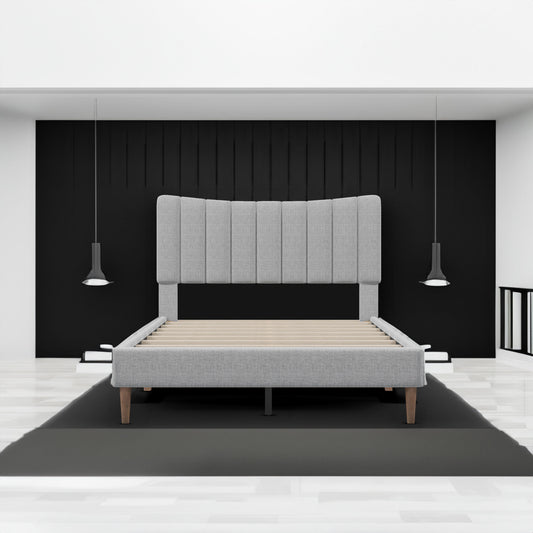 Upholstered Platform Bed with Vertical Channel Headboard Gray