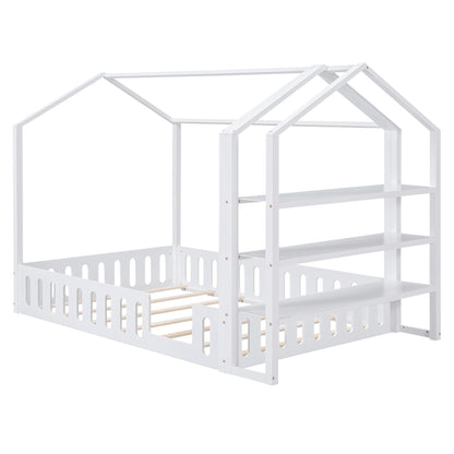 Full Platform Bed with Storage Shelves White