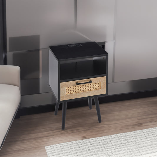 Rattan End Table with Drawer Black Legs
