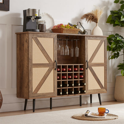 Oak Faux Rattan Wine Cabinet with Removable Shelves
