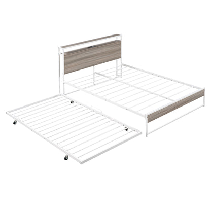 Full Metal Platform Bed with USB Ports White