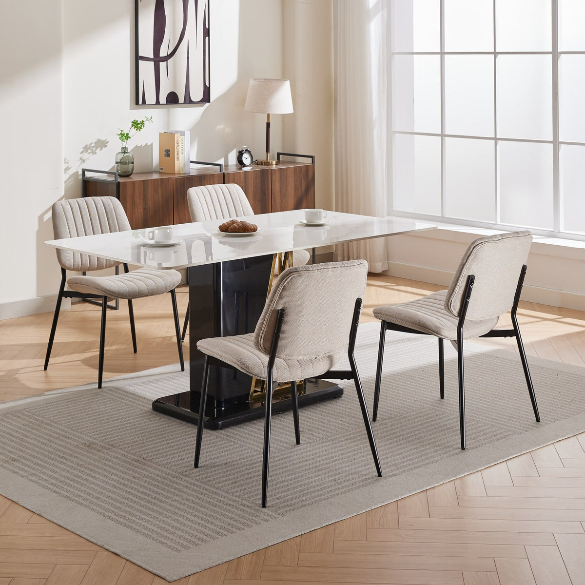 Beige 2-Piece Linen Dining Chair Set – Modern Retro Bentwood Back with Metal Legs