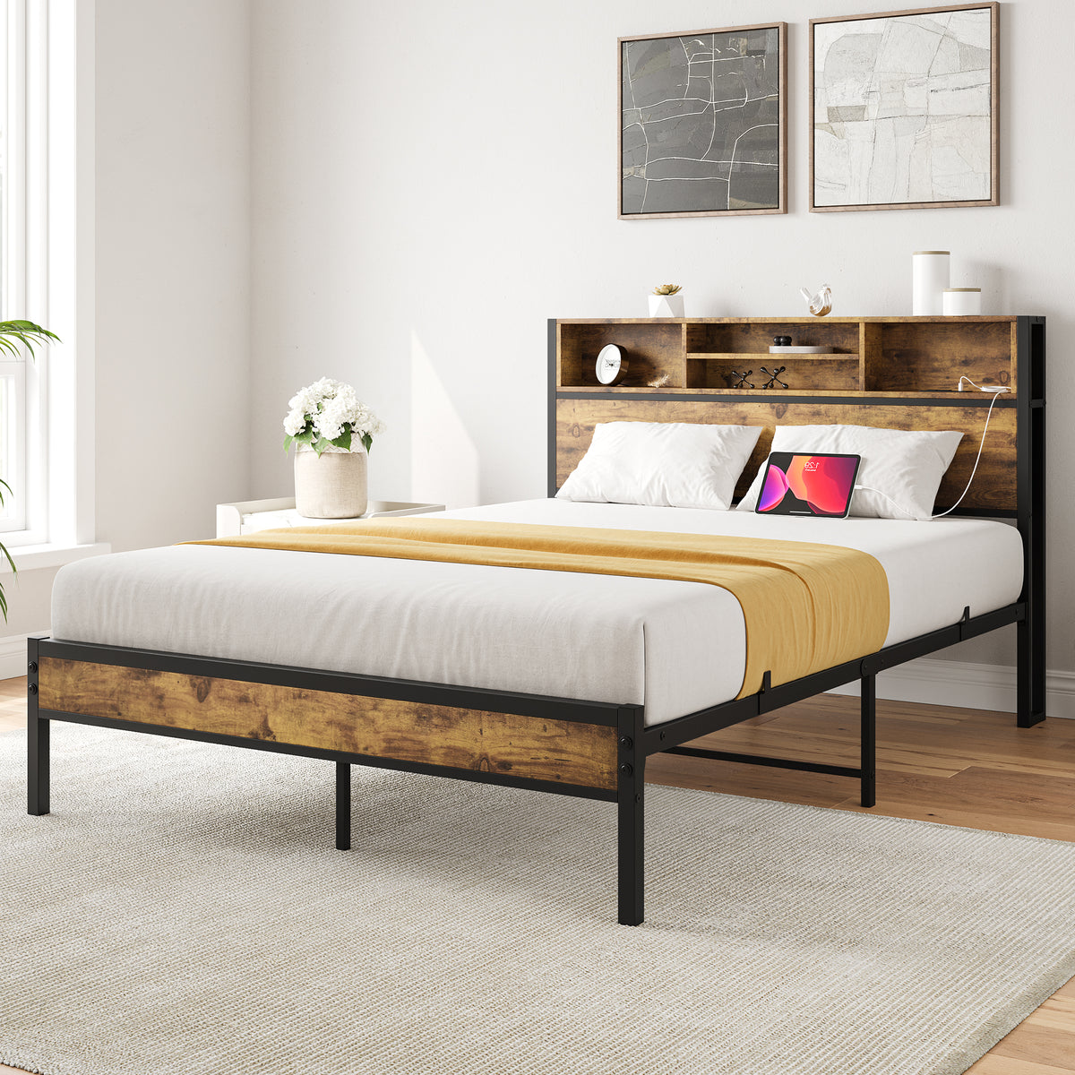 Full Platform Bed with Charging Station – Black
