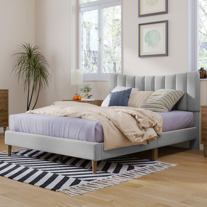 Upholstered Platform Bed with Vertical Channel Headboard Gray