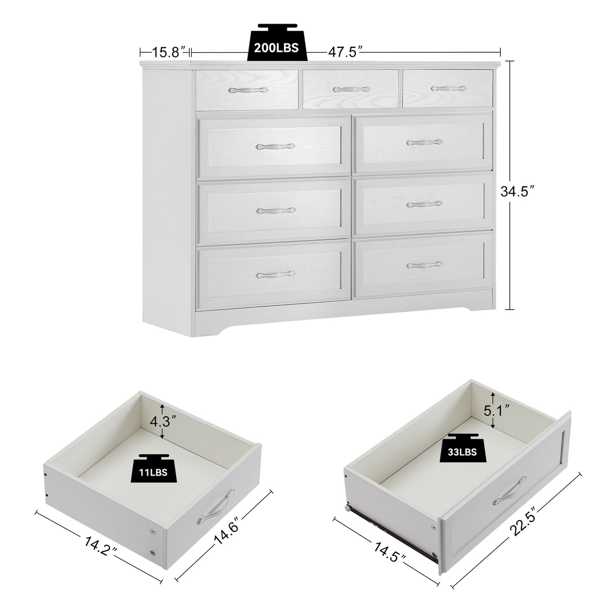 8-Drawer Bedroom Dresser – White