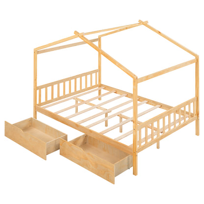 Full Platform Bed with Headboard – Natural Finish