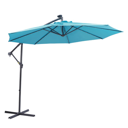 Blue 10ft Solar LED Patio Umbrella – 32 Lights with Crank & Tilt System