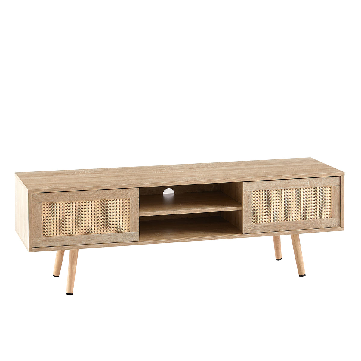 Rattan Wood TV Console – Adjustable Doors, Natural Finish