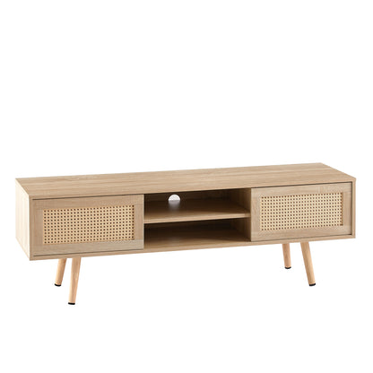 Rattan Wood TV Console – Adjustable Doors, Natural Finish