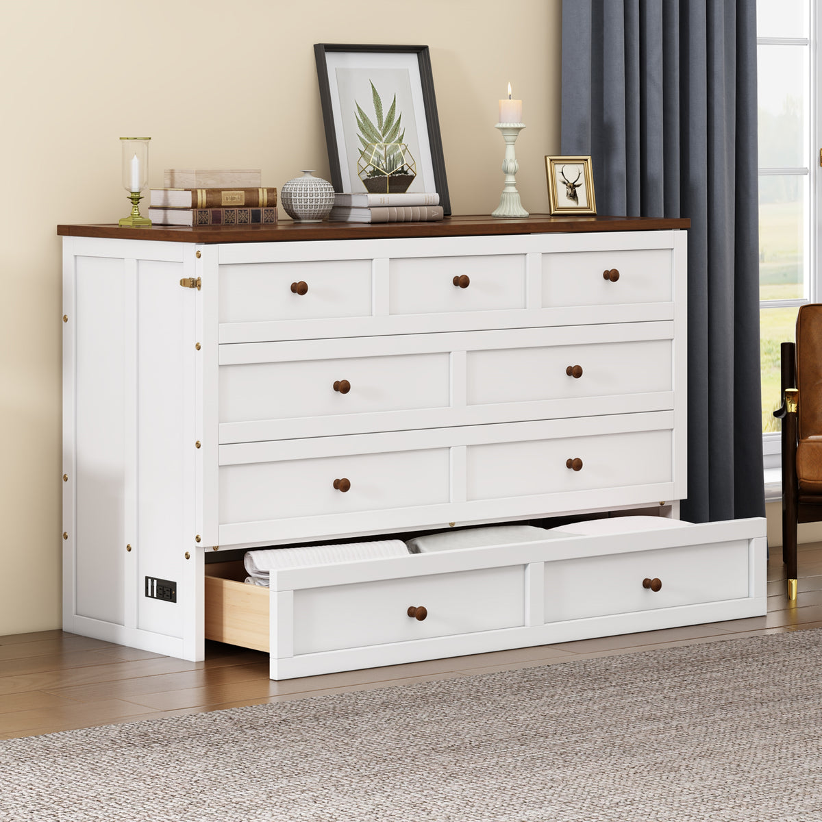 Pine Murphy Bed Queen White Walnut