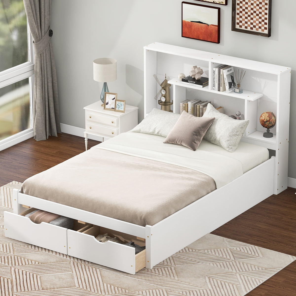 Full Platform Bed with Storage Headboard White