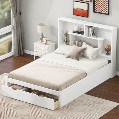 Full Platform Bed with Storage Headboard White